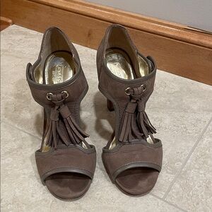 EUC Coach Taupe Tassel Heeled Sandals